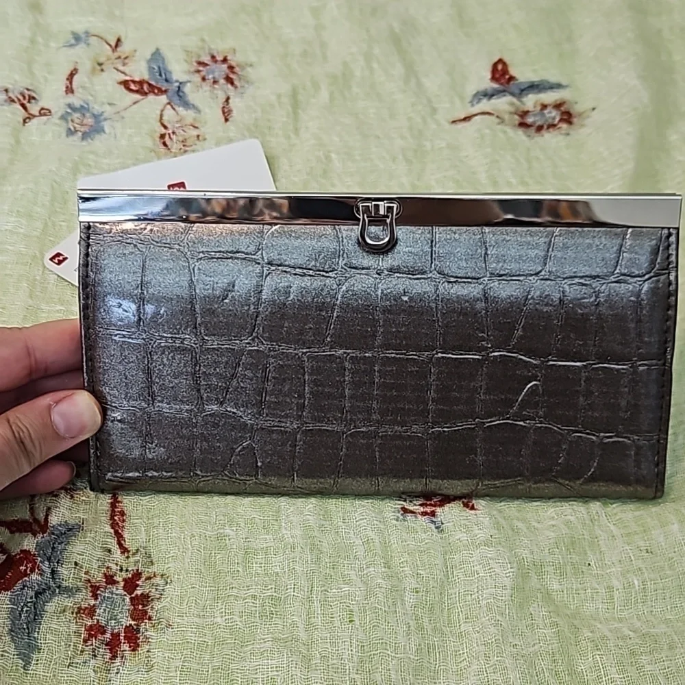 Mundi Pewter Embossed Leather Wallet Clutch NWT